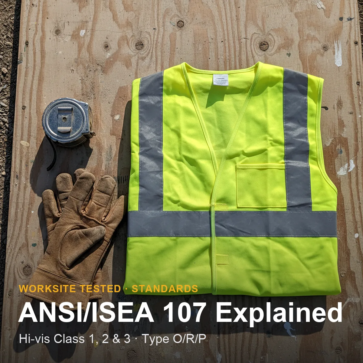 High-visibility safety vest and reflective tape laid out on a concrete jobsite floor, showing fluorescent background fabric and silver retroreflective stripes