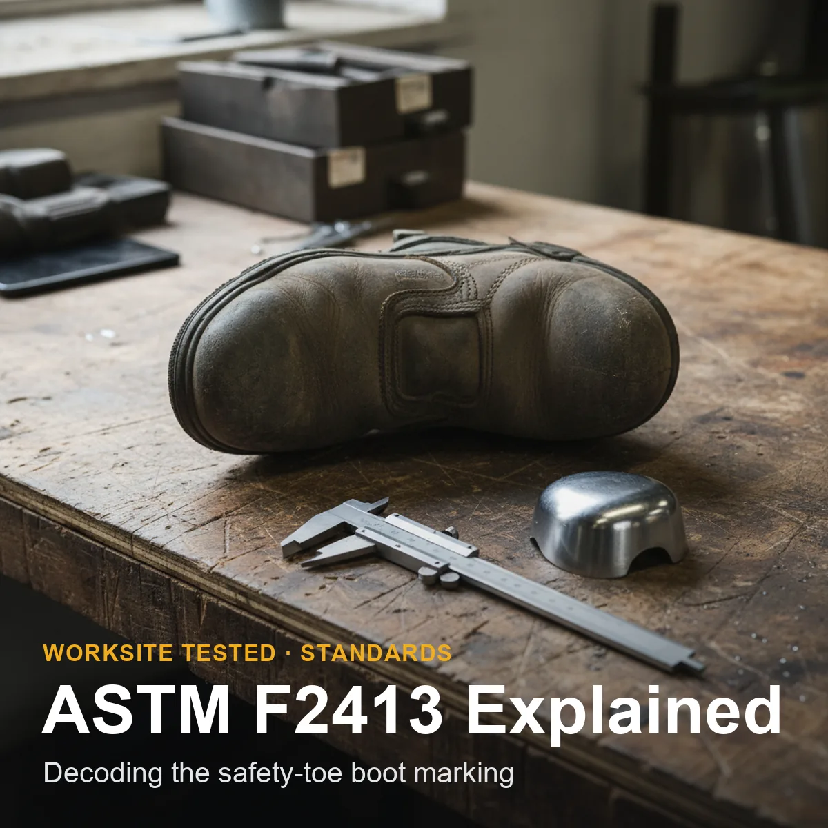 Close-up of the rectangular ASTM F2413 marking stamped inside the tongue of a steel-toe work boot