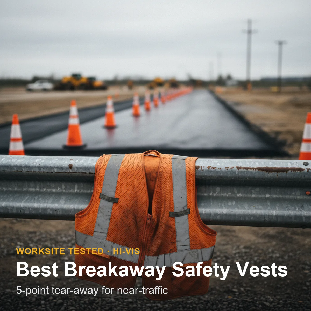 A hi-vis lime breakaway safety vest laid on a concrete road shoulder near traffic cones, showing hook-and-loop shoulder and side closures