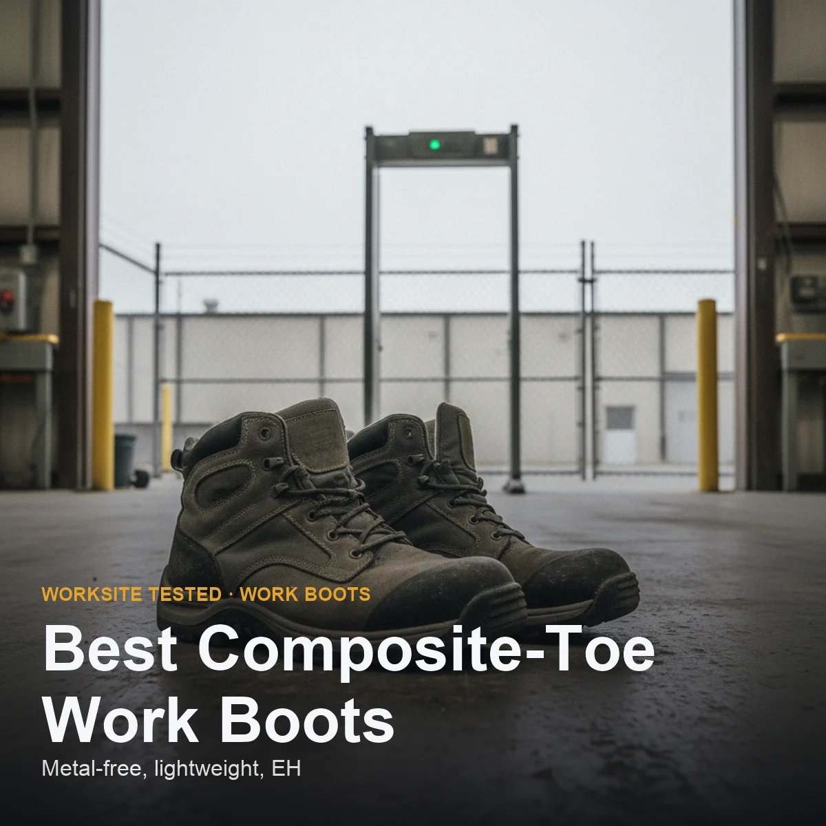 Six composite toe work boots lined up on a concrete floor showing non-metallic toe caps and outsoles