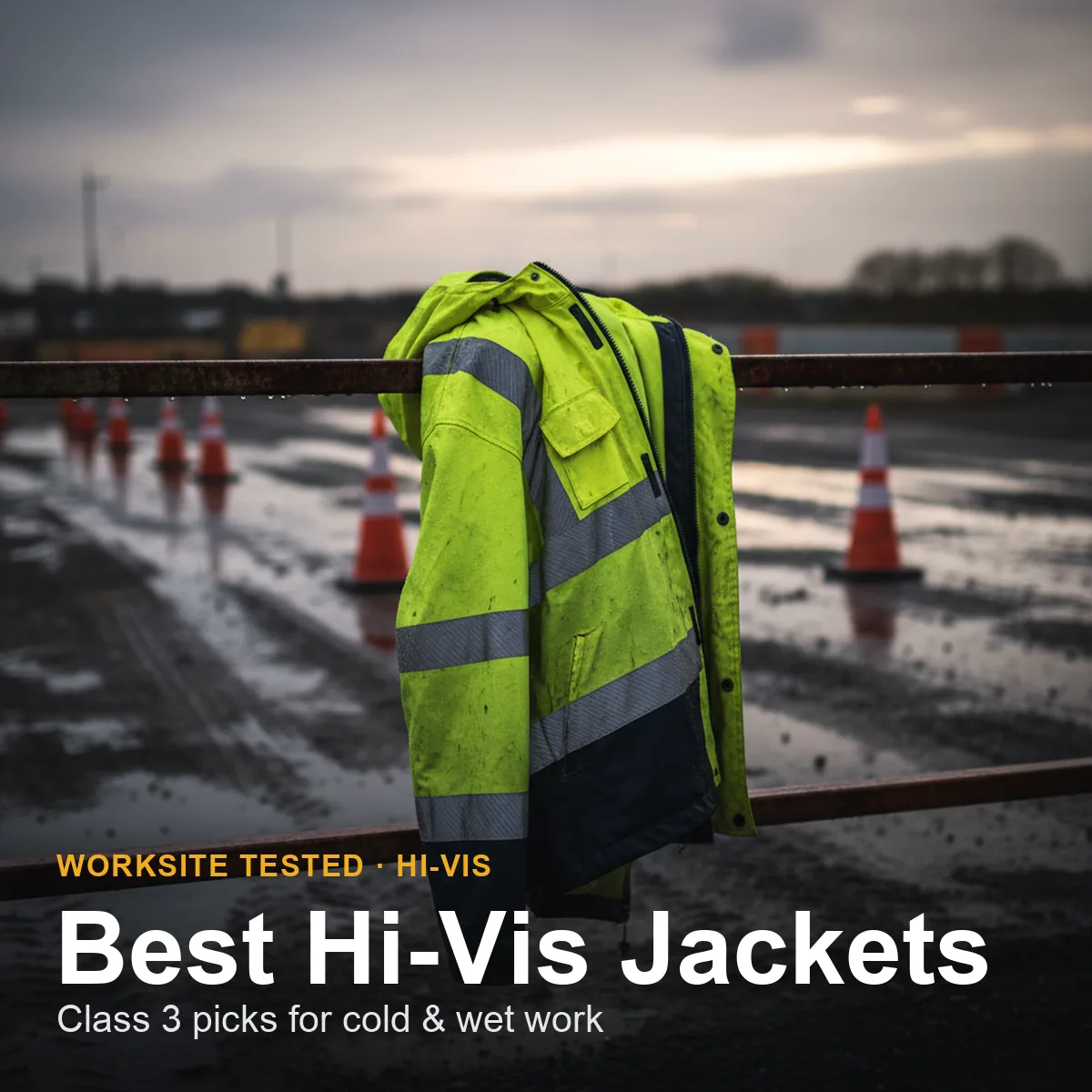 A fluorescent yellow ANSI Class 3 hi-vis waterproof jacket with silver reflective tape hanging on a jobsite rail in wet, overcast conditions