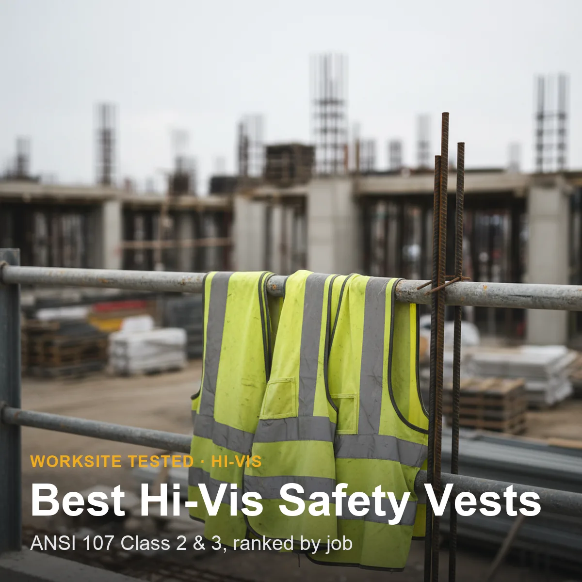 High-visibility lime and yellow safety vests with silver reflective stripes laid out on a concrete jobsite floor