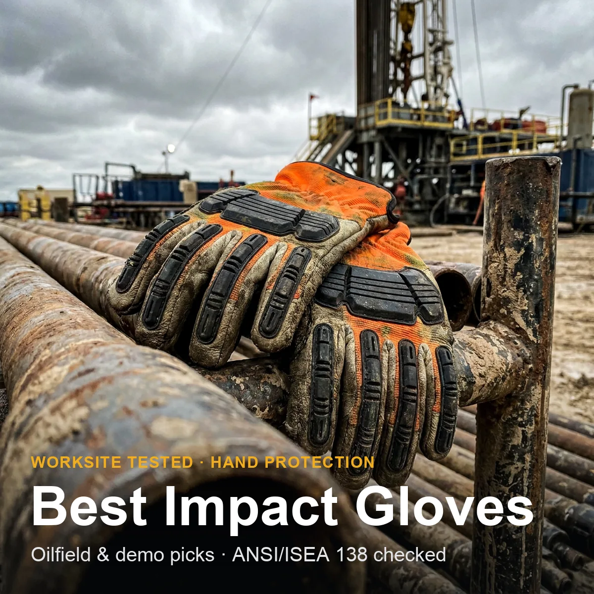 Impact-resistant work gloves with molded TPR knuckle armor laid out on a steel plate at an oilfield worksite