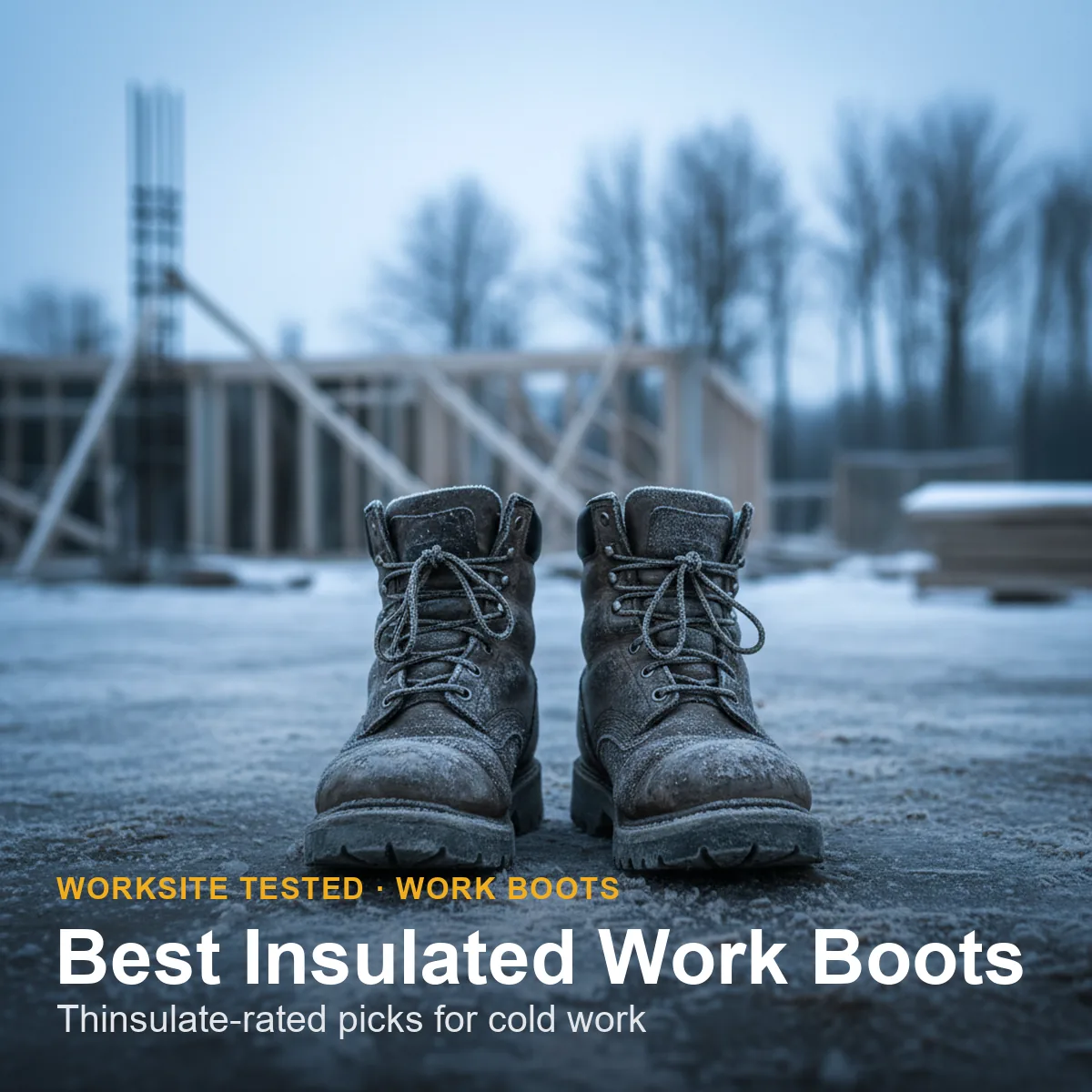 Insulated leather work boots on a frosty concrete jobsite floor in cold weather