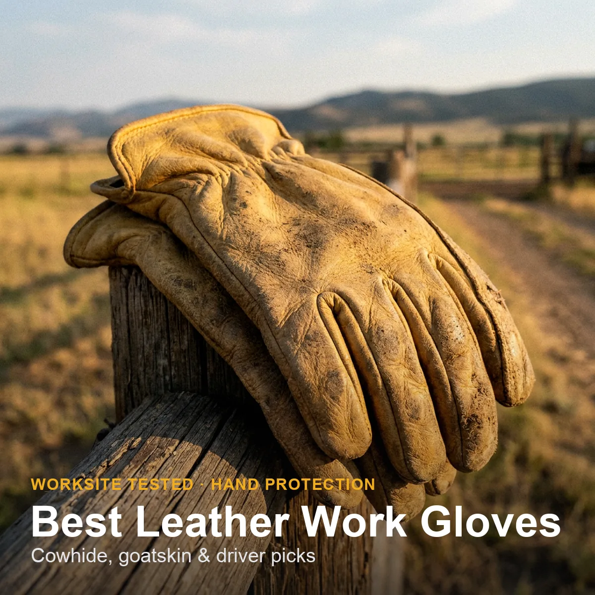 Leather work gloves laid out on a workbench showing cowhide driver, split-leather palm and goatskin styles