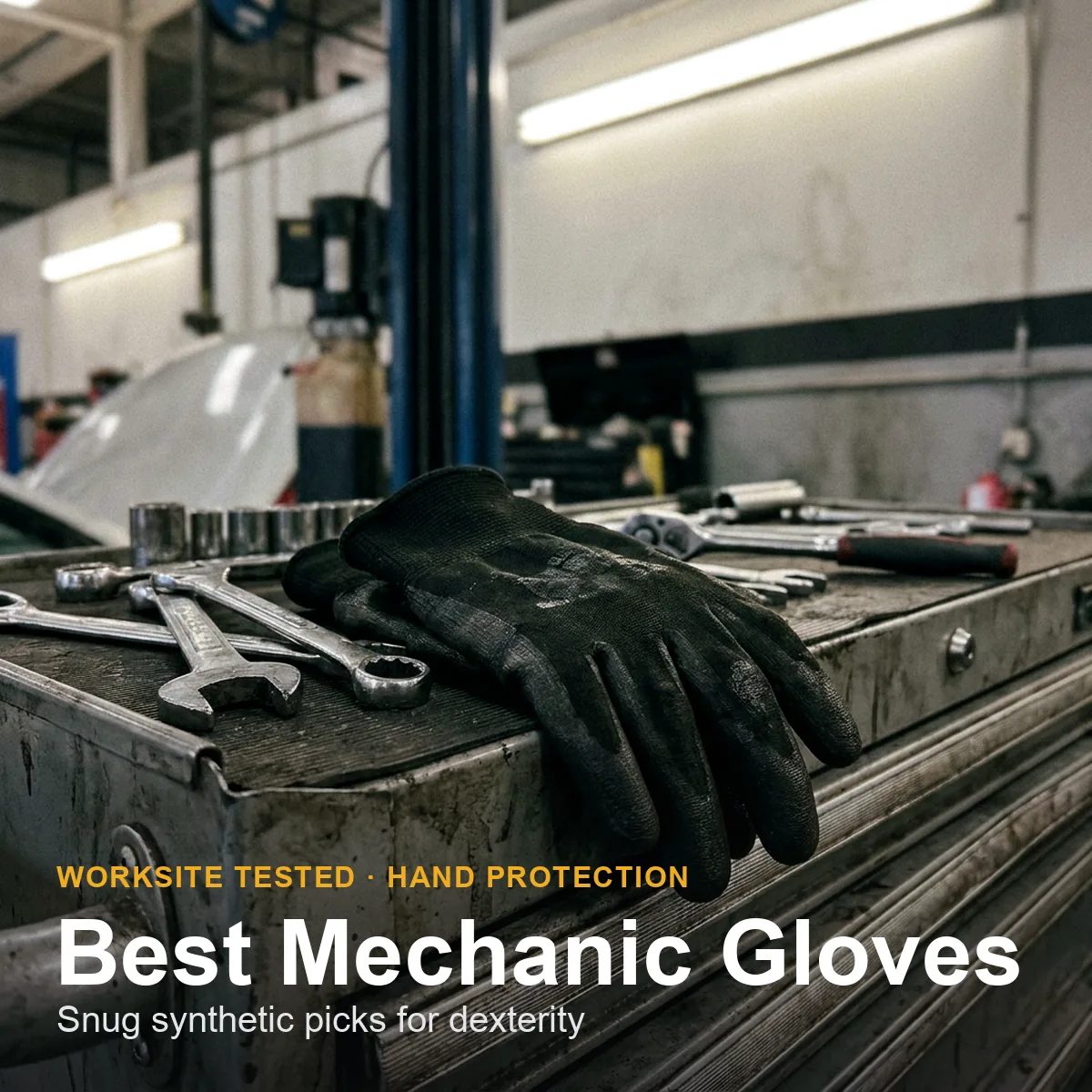Seven synthetic mechanic gloves laid out on a workbench beside hand tools, showing palms and knuckle backs