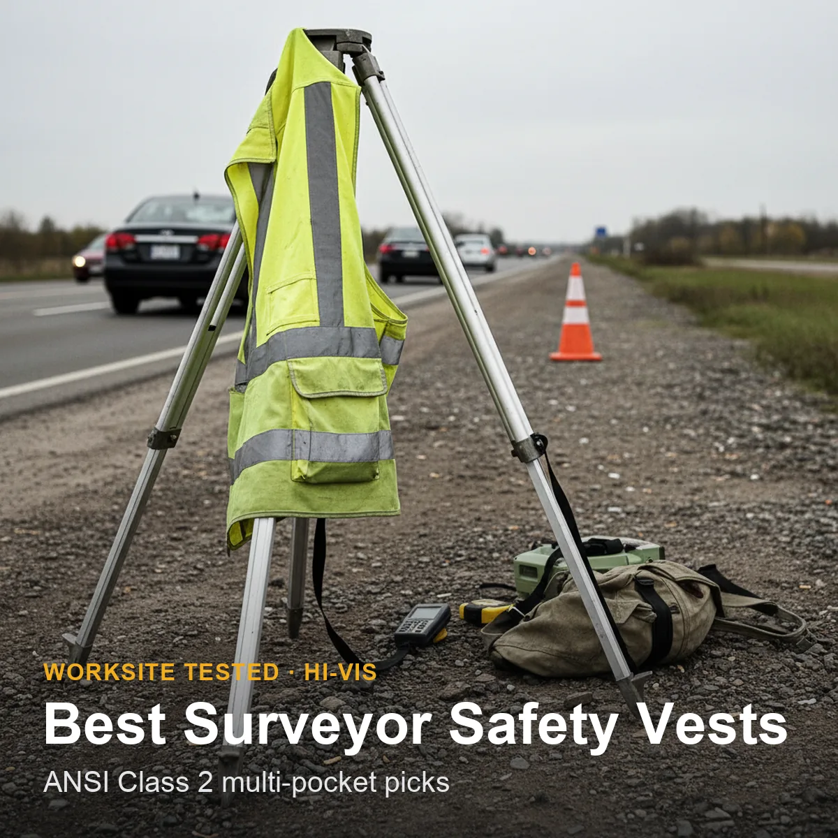 A hi-vis green multi-pocket surveyor safety vest laid flat on a jobsite table showing chest pockets and reflective tape