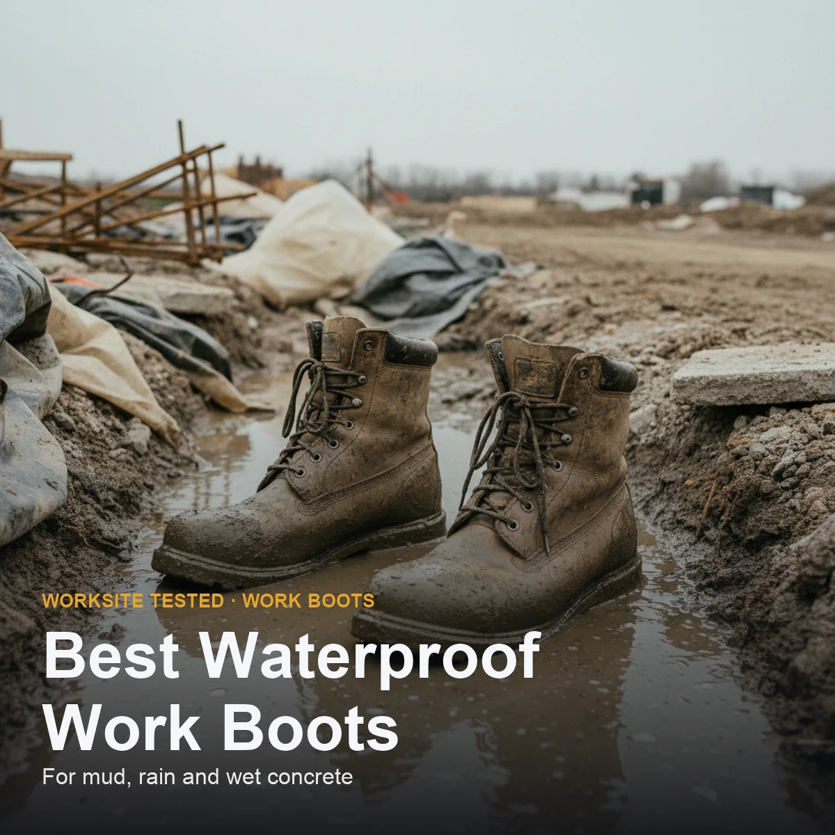 Pair of brown leather waterproof work boots on wet concrete beside a tape measure and hard hat