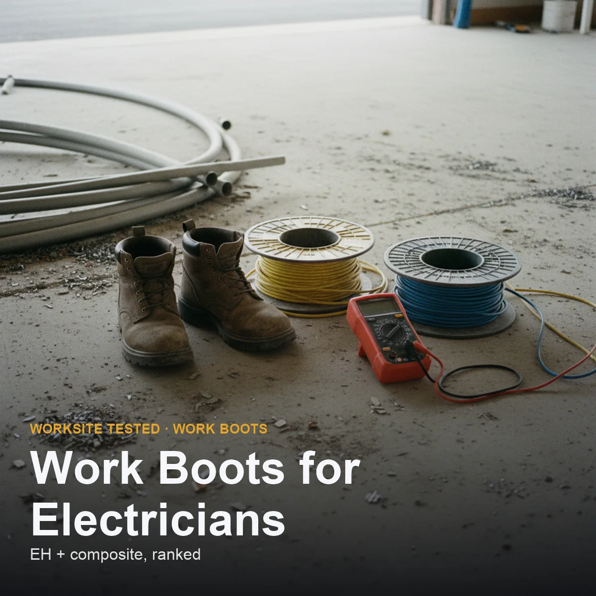 Six EH-rated work boots for electricians lined up on a concrete floor, showing composite and steel toe caps and insulated outsoles