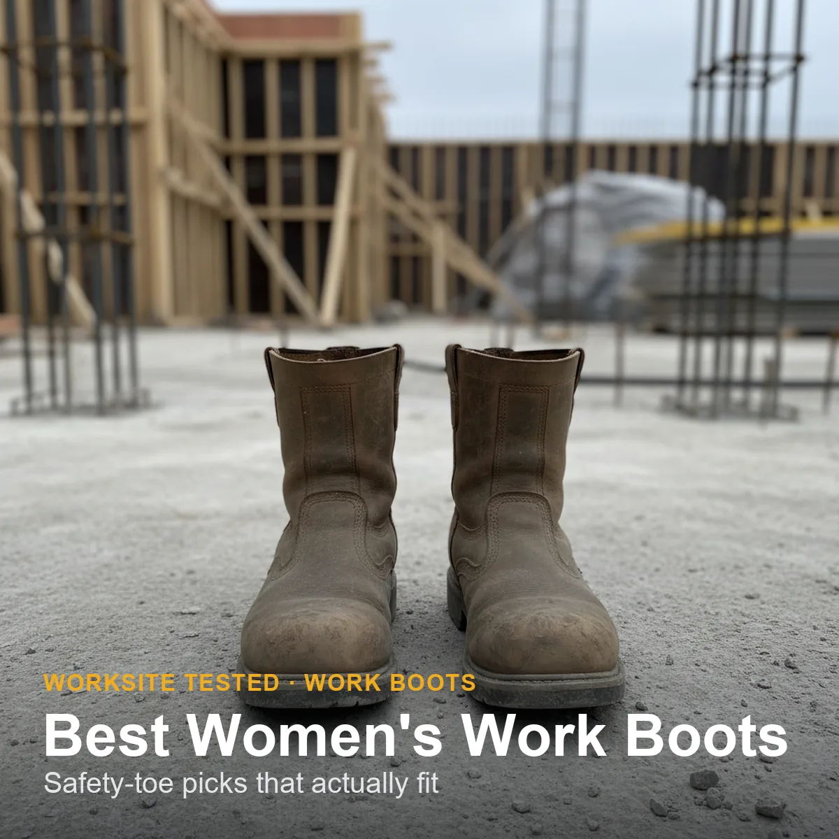 Botas de trabajo con punta de seguridad para mujer alineadas en un piso de concreto de obra, mostrando las puntas y las suelas
