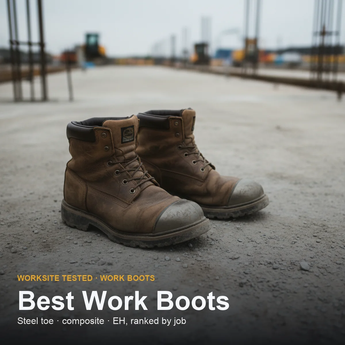 Seven work boots lined up on a concrete floor in an industrial setting, showing toe caps and outsoles