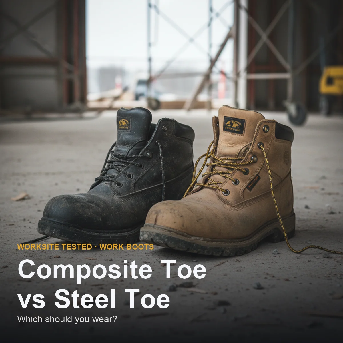 Side-by-side comparison of a composite toe work boot and a steel toe work boot on a concrete jobsite floor