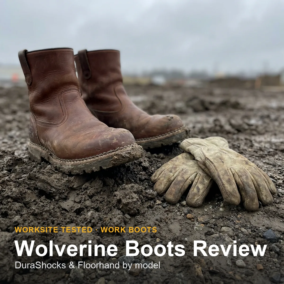 Wolverine work boots on a concrete jobsite floor showing leather uppers, toe caps and lug outsoles